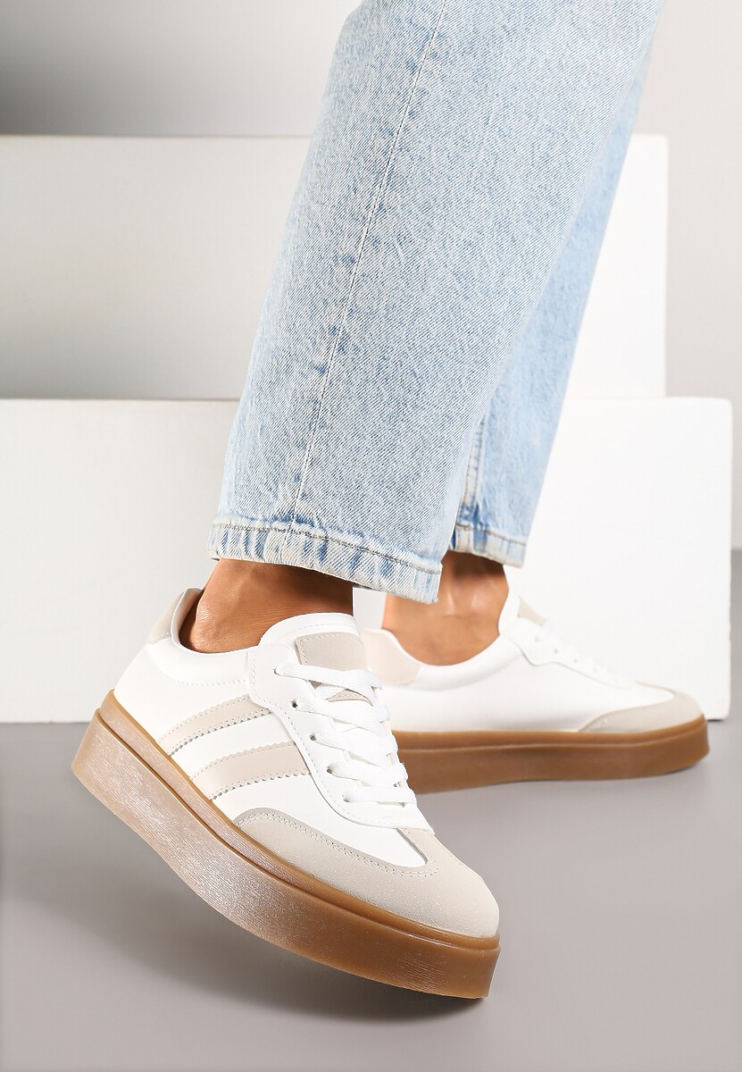Biało-Bordowe Sneakersy na Kauczukowej Podeszwie Ozdobione Paskami Nilimea