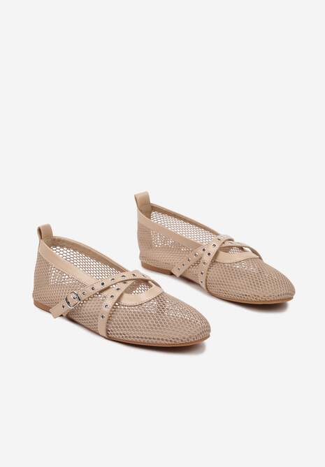 Beżowe Balerinki z Siateczki z Ozdobnymi Paskami z Klamerką Aceriora
