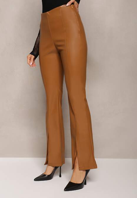 Beżowe Spodnie Dzwony z Imitacji Skóry Idenna