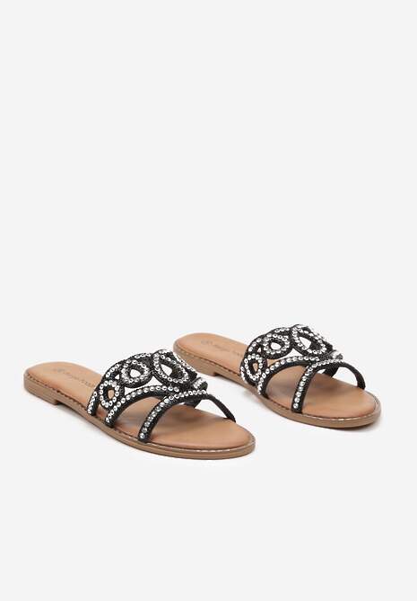 Czarne Klapki z Ozdobnym Paskiem z Wycięciami i Cyrkoniami Jeslifea