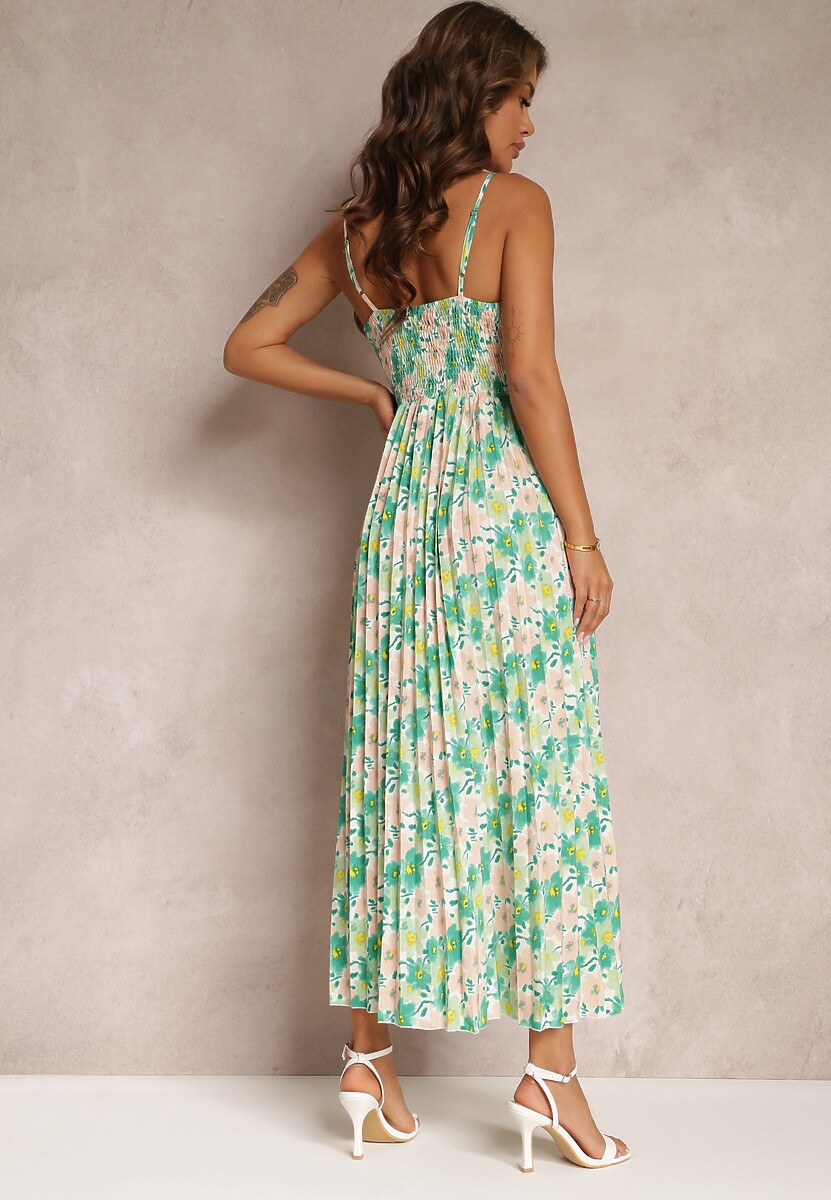 Zielona Sukienka Maxi z Regulowanymi Ramiączkami o Plisowanym Fasonie Saino
