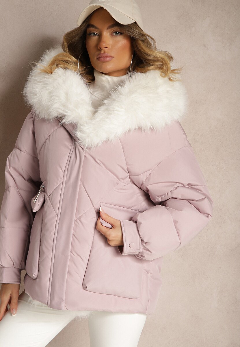 Różowa Kurtka Pikowana z Kapturem i Odpinanymi Futerkowymi Wstawkami Izafera