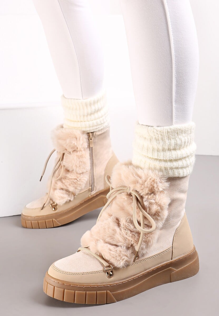 Beżowe Mocno Ocieplone Śniegowce z Futerkiem Wzdłuż Wiązania  Avivina