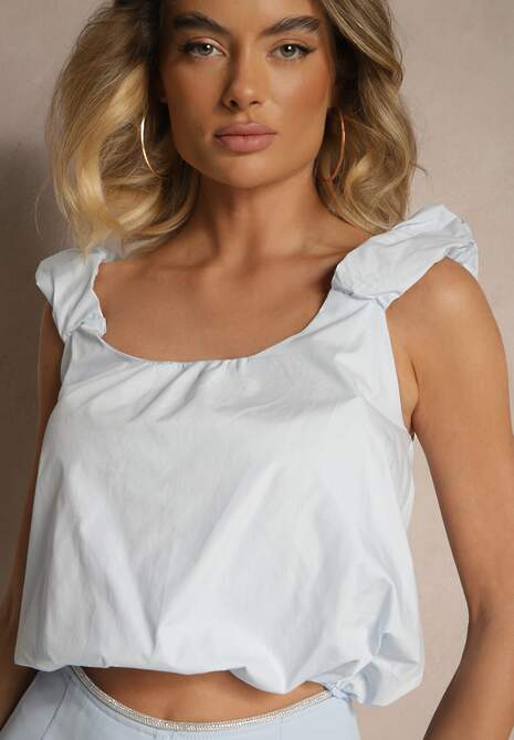 Jasnoniebieski Bawełniany Top o Bufiastym Kroju na Marszczonych Ramiączkach Sefionne