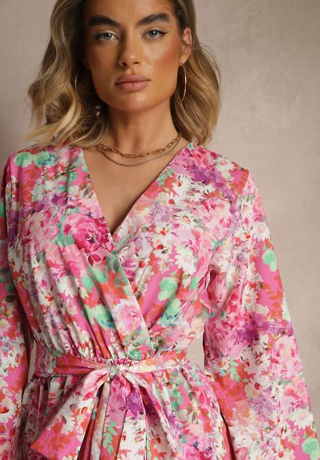 Różowy Kopertowy Kombinezon z Wiązanym Paskiem i Rozszerzanymi Rękawami Telurea