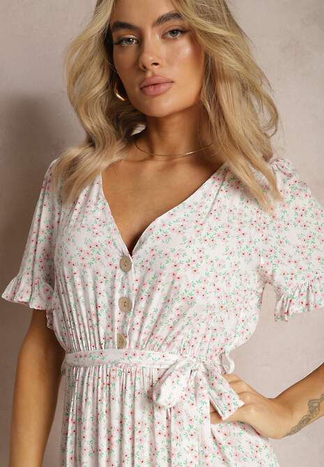 Biało-Różowa Rozkloszowana Sukienka Wiskozowa Mini w Kwiatowy Print z Falbanką Taelle