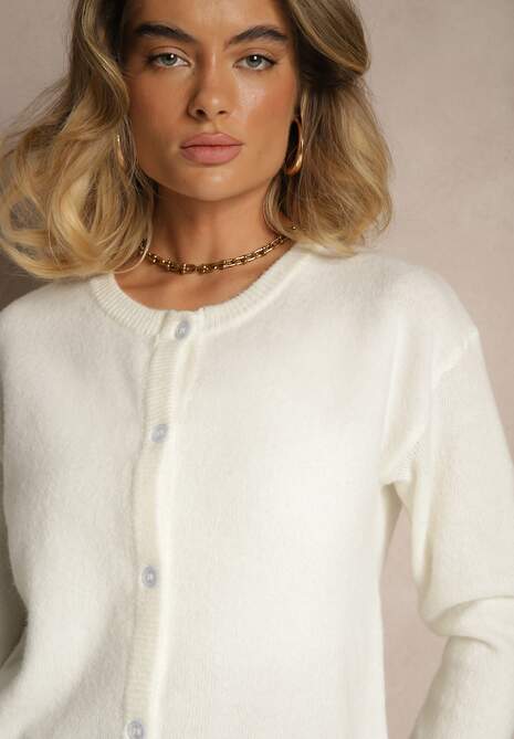 Biały Klasyczny Kardigan z Zaokrąglonym Dekoltem Reonira