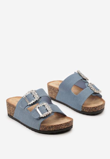 Niebieskie Klapki na Grubej Korkowej Podeszwie z Cyrkoniami i Metalicznymi Sprzączkami Elilahia