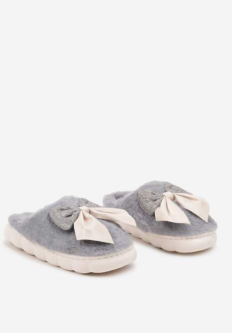 Szare Kapcie z Dużą Kokardą i Futerkiem Naonelle
