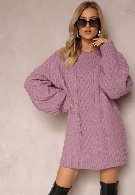Fioletowy Długi Sweter Ozdobiony Drobnym Splotem Killoe