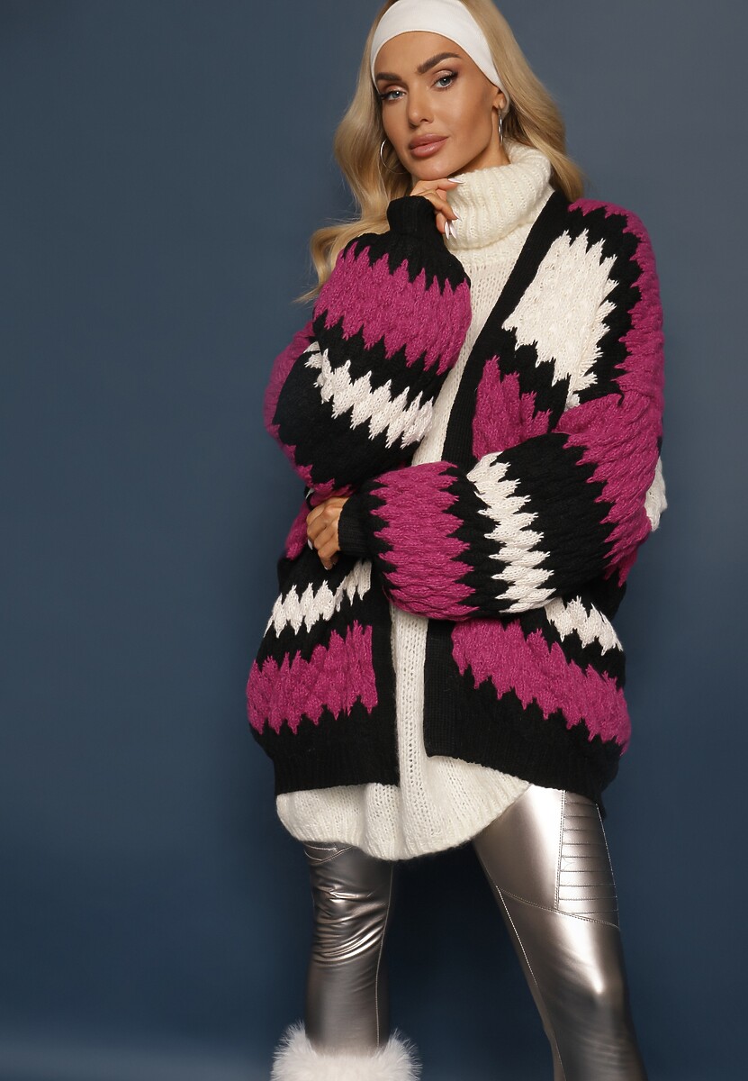 Fuksjowy Luźny Kardigan Niezapinany w Ozdobne Paski Adocca