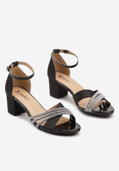 Czarne Cyrkoniowe Sandały na Obcasie Typu Słupek Gonilith