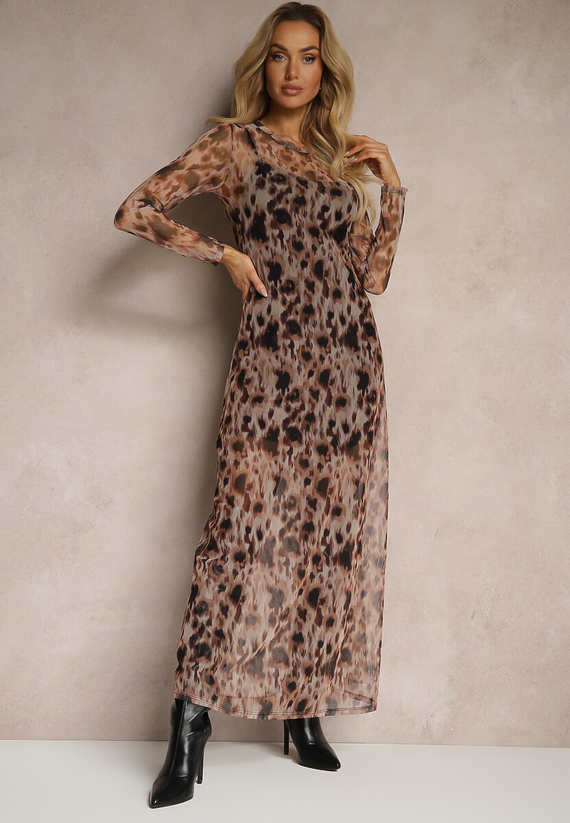 Czarno-Beżowa Siateczkowa Sukienka w Panterkowy Wzór z Dołączoną Halką Delithwen