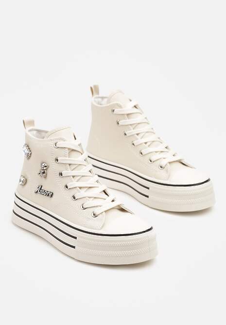 Beżowe Trampki na Platformie Ozdobione Metalicznymi Aplikacjami Jalzedis