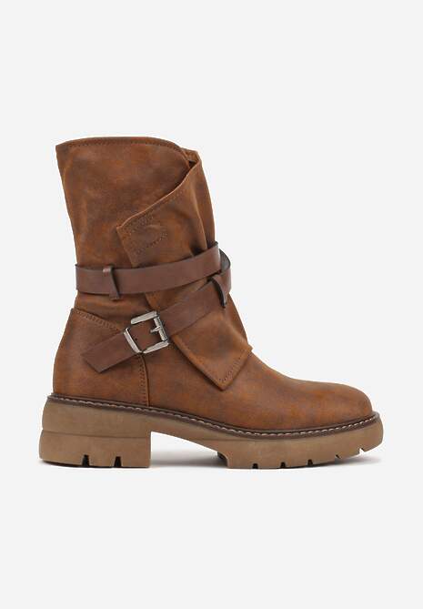 Ciemnobeżowe Botki z Nieregularną Cholewką Zdobioną Paskami i Sprzączkami Zinbelle
