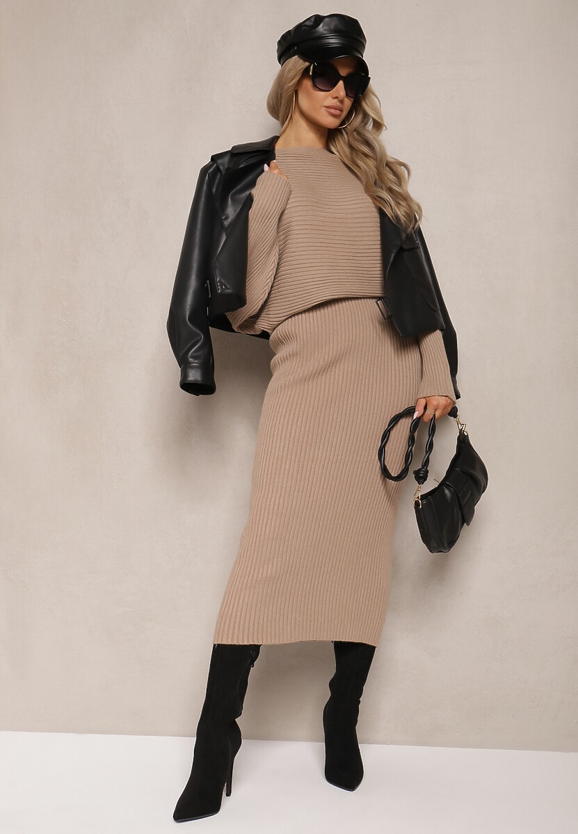 Ciemnobeżowy Komplet z Wiskozą w Prążki Spódnica z Gumką w Pasie i Góra o Kroju Nietoperza Korttisa