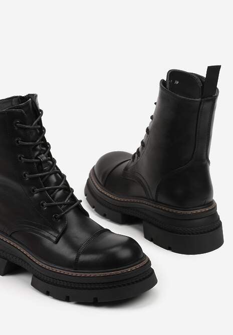 Czarne Botki Workery na Tłoczonej Podeszwie Temie