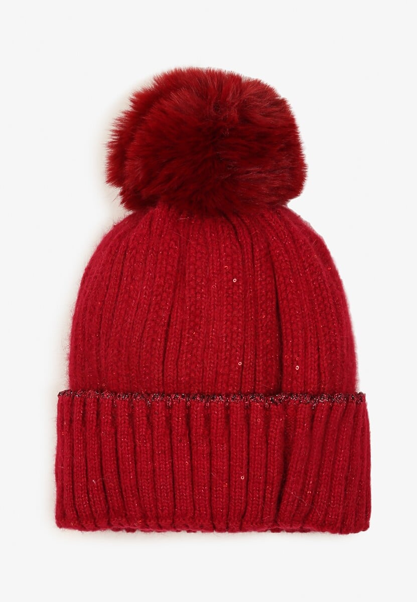 Bordowa Czapka Beanie Ozdobiona Metaliczną Nicią i Pomponem Delasirra
