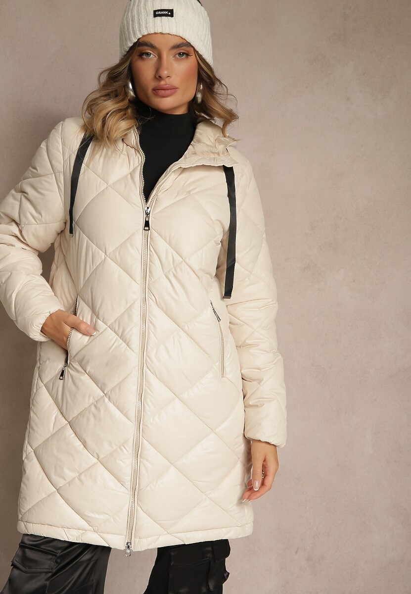 Ciemnobeżowa Pikowana Kurtka o Długim Kroju z Kapturem Olendia