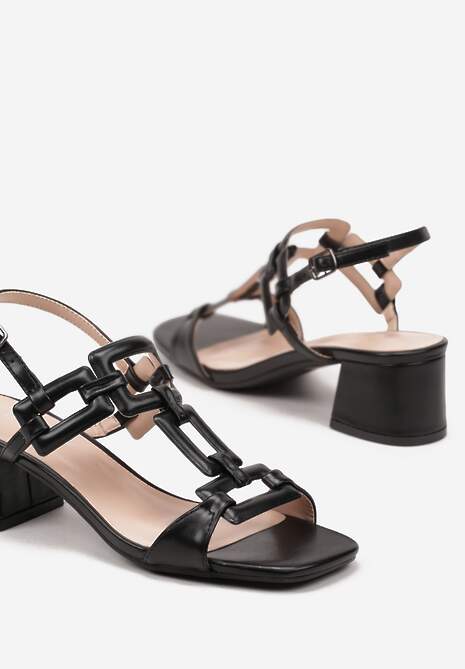 Czarne Sandały na Słupku Ozdobione Geometrycznymi Paskami Leandith