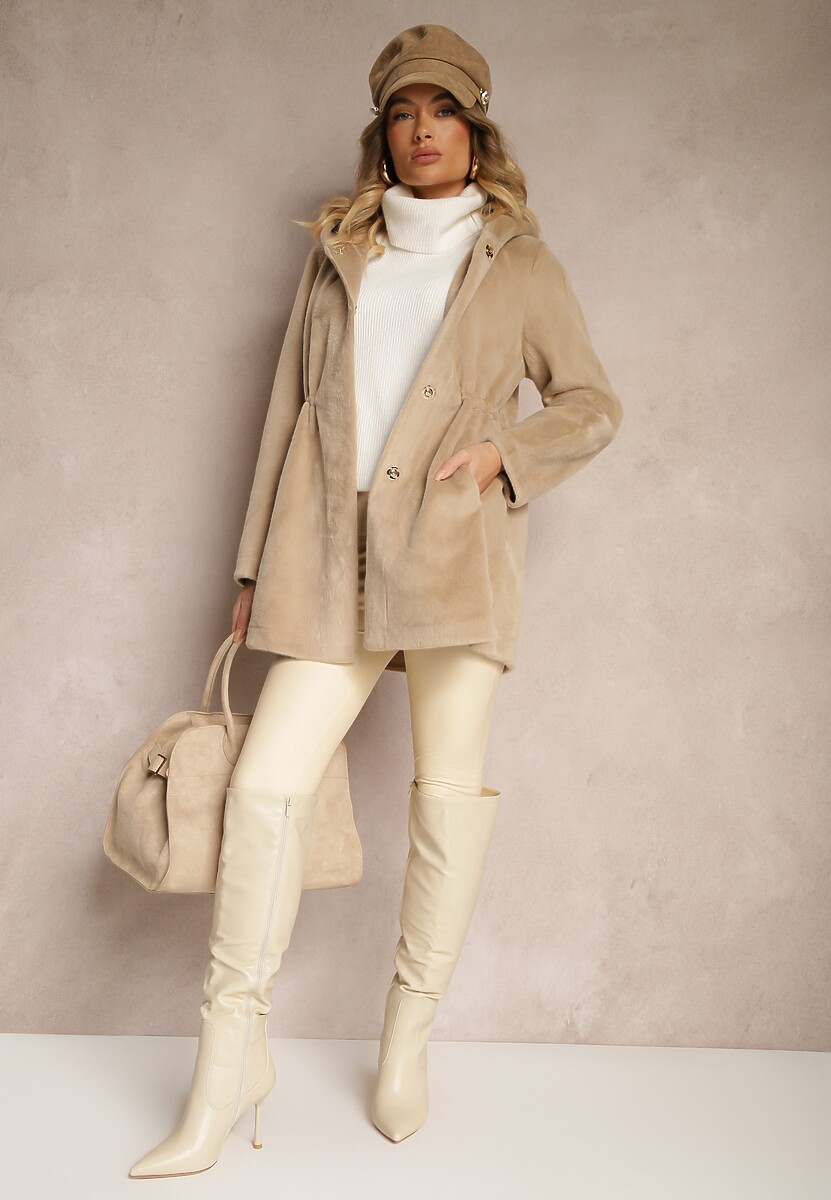 Beżowa Futrzana Kurtka Parka z Kapturem Evelinne