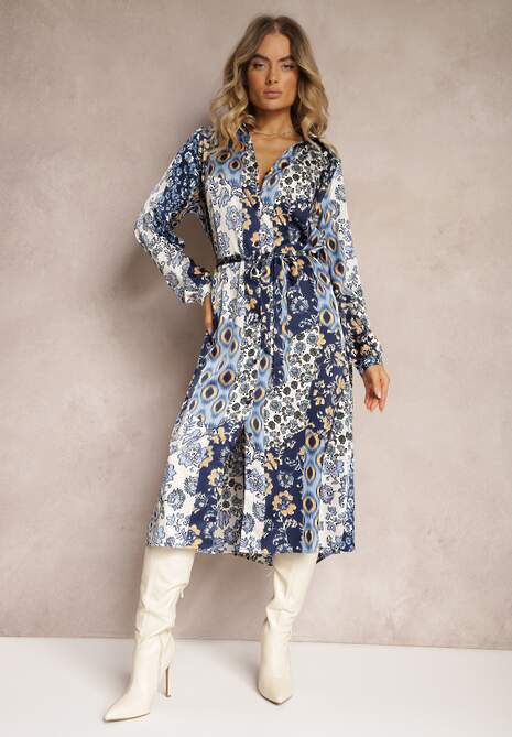 Niebiesko-Granatowa Sukienka Rozkloszowana o Koszulowym Fasonie z Ornamentalnym Printem Elyisa