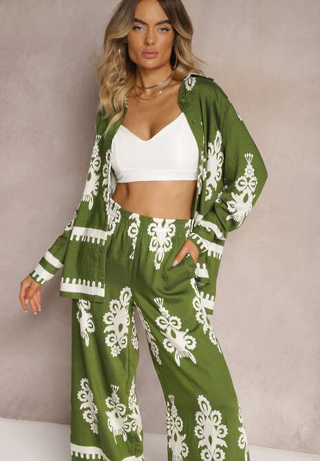 Zielony Wiskozowy Komplet w Kwiaty Szerokie Spodnie z Gumką w Pasie i Koszula Fawnla
