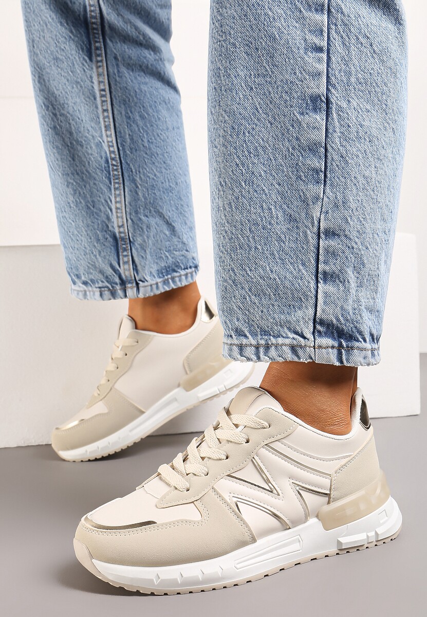 Beżowe Płaskie Sneakersy ze Sznurowaniem z Metalicznymi Wstawkami Remarie