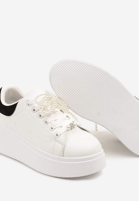 Biało-Czarne Sneakersy na Platformie z Perełkami i Metalowymi Kuleczkami Selavia