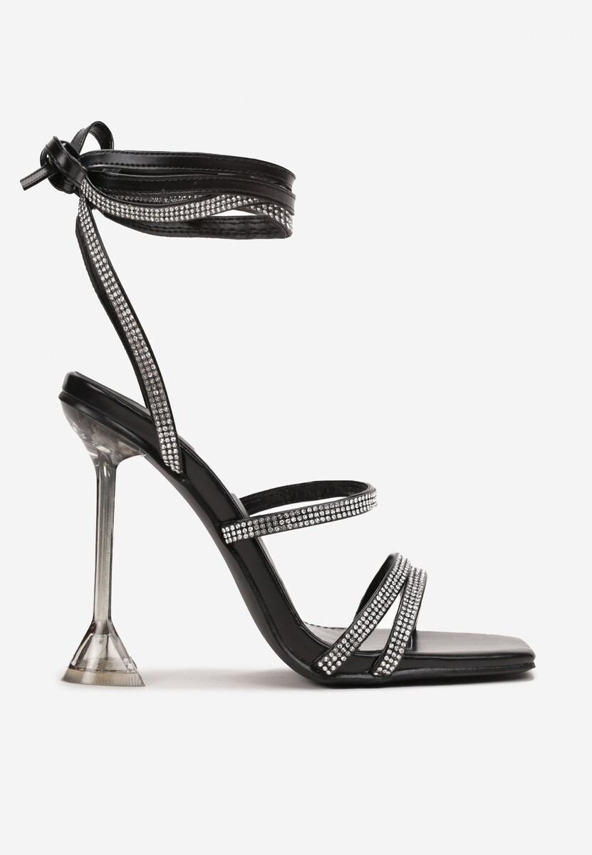 Czarne Sandały na Transparentnej Szpilce z Kwadratowym Noskiem i Paskami w Cyrkonie Couria