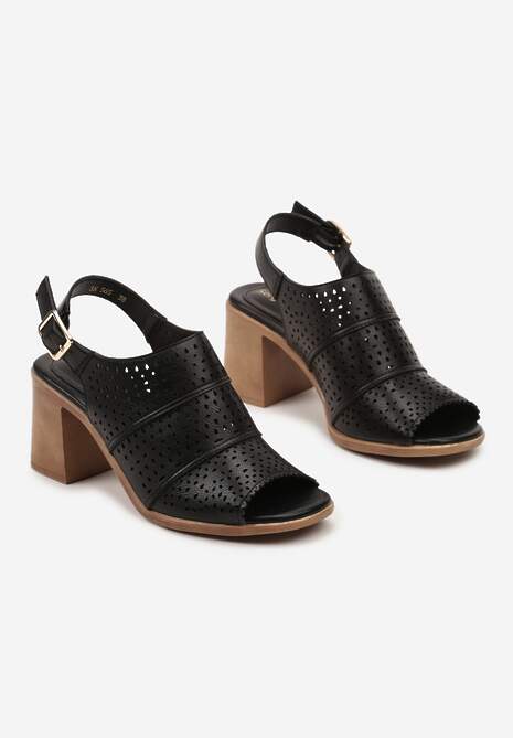 Czarne Sandały Ażurowe na Słupku ze Sprzączką Limania