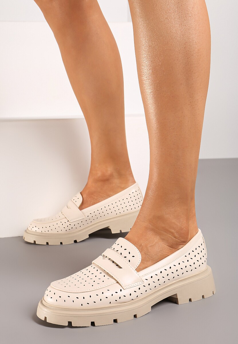 Beżowe Płaskie Mokasyny z Ekoskóry o Ażurowym Wykończeniu Cevora