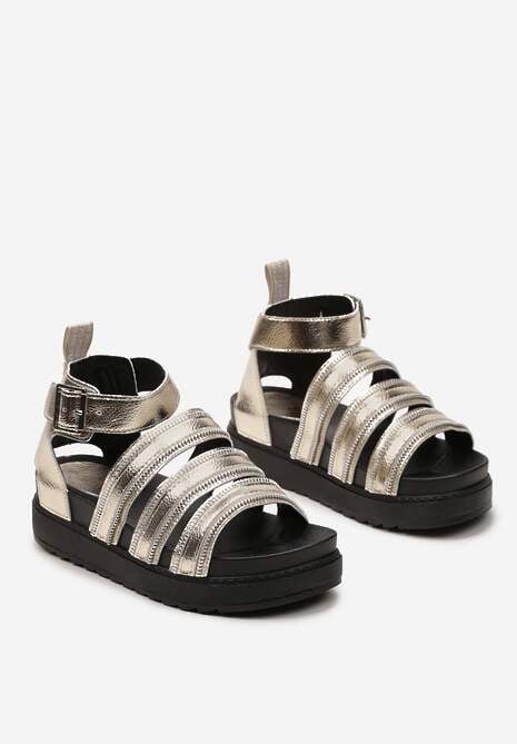 Złote Sandały Gladiatorki Ozdobione Suwakami na Paskach Zapinane na Sprzączkę Xerria