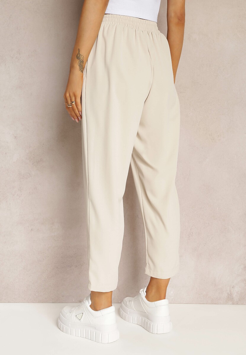 Beżowe Spodnie High Waist z Gumką i Troczkiem w Pasie oraz Kieszeniami Arlettia