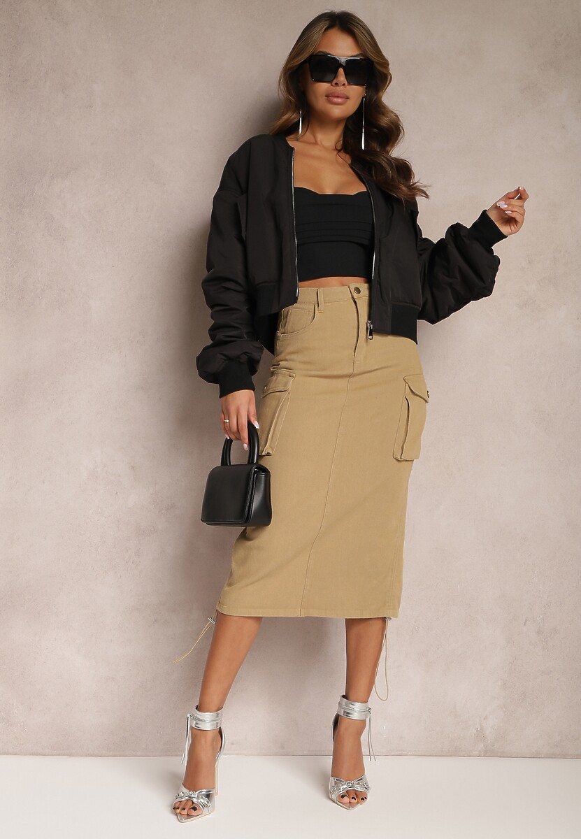 Czarna Cargo Spódnica Midi z Paskiem i Ściągaczami Timnitos