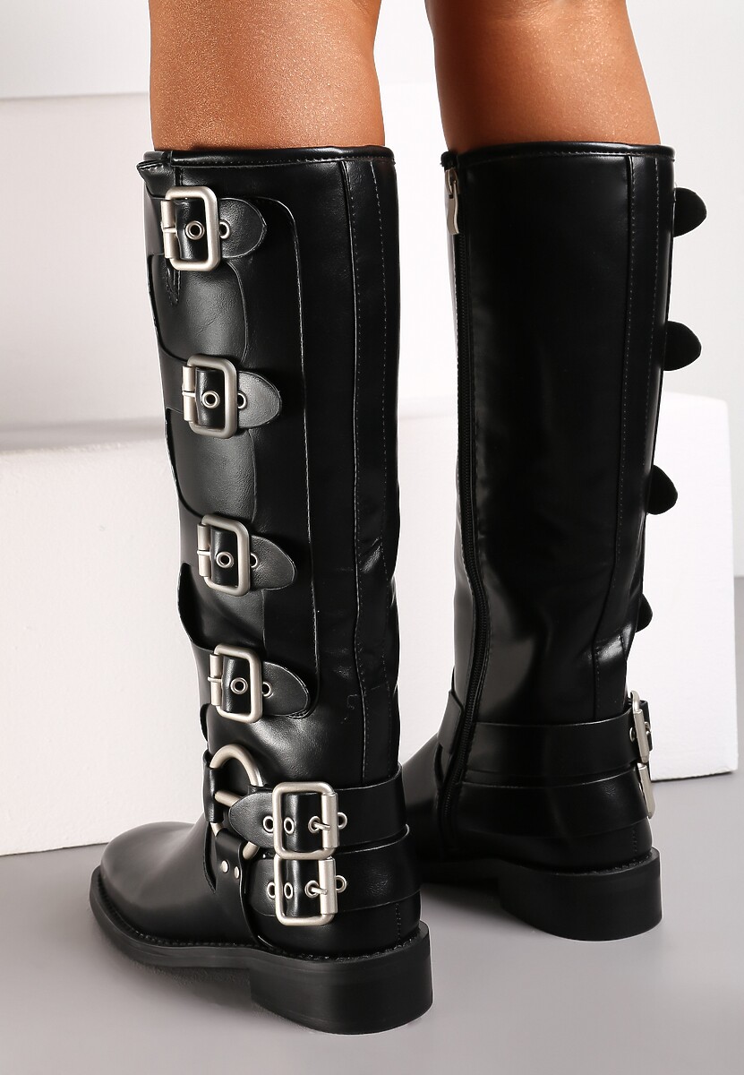 Czarne Kozaki Biker z Ozdobnymi Klamerkami i Kwadratowym Noskiem Vivao