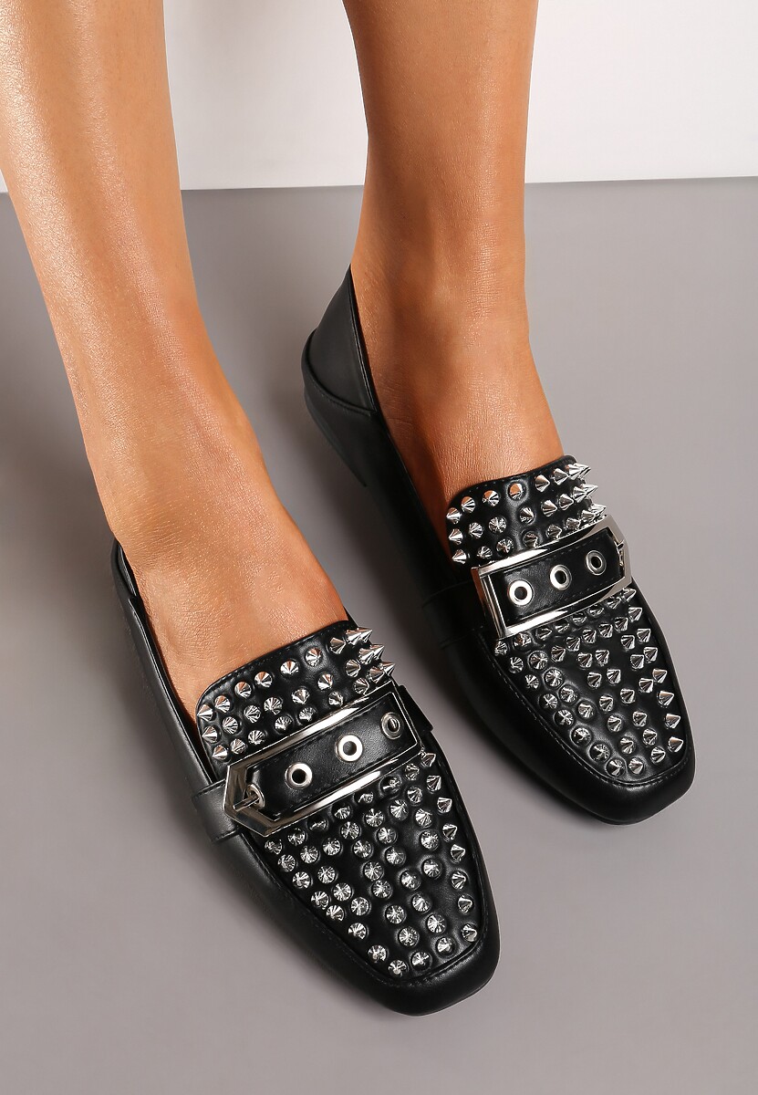 Czarne Płaskie Mokasyny Ozdobione Ćwiekami na Kwadratowym Nosku Rosagold