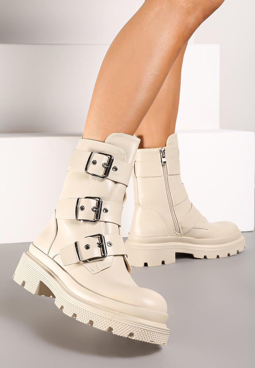 Beżowe Płaskie Botki w Stylu Biker z Paskami i Metalowymi Klamrami Valina