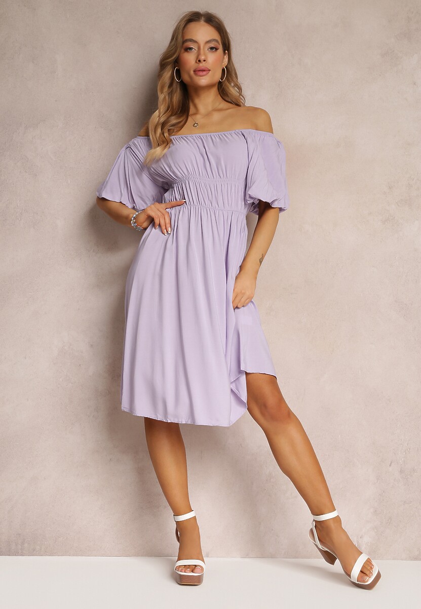 Fioletowa Sukienka Midi Hiszpanka z Wiskozy z Odkrytymi Ramionami i Gumką w Talii Tasete