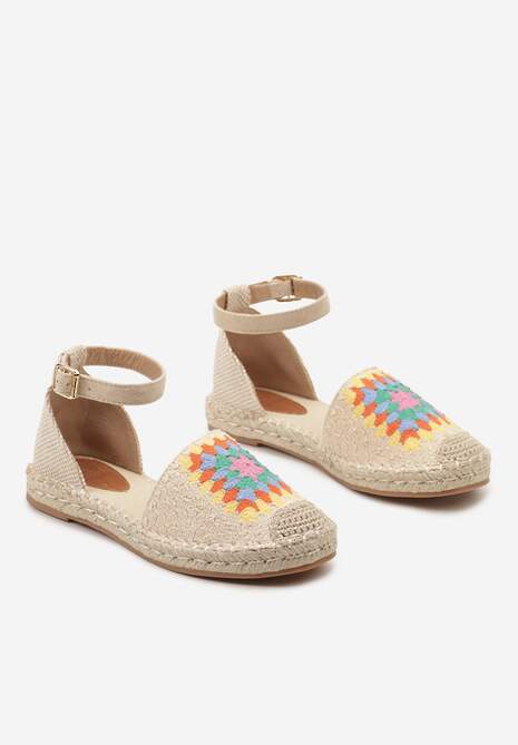 Beżowe Espadryle na Płaskiej Podeszwie Zapinane na Sprzączkę z Plecioną Podeszwą Laveda
