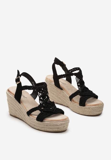 Czarne Sandały Zapinane na Sprzączkę na Koturnie z Plecionej Juty Atrivea