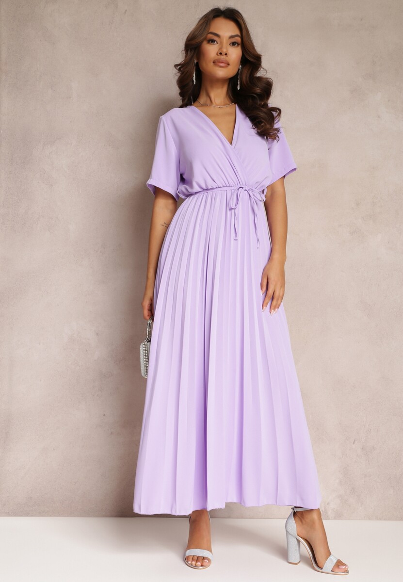 Fioletowa Rozkloszowana Sukienka Plisowana z Wiązanym Paskiem Eilemona