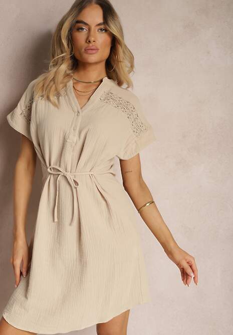 Beżowa Sukienka na Lato z Bawełny ze Sznureczkiem w Talii Rufalia
