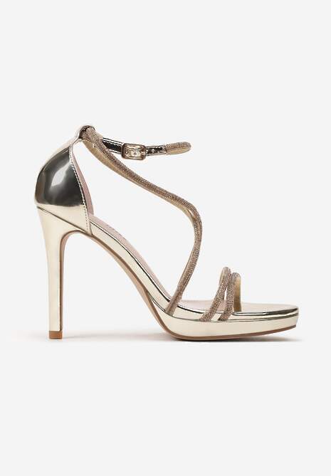Złote Lakierowane Sandały na Szpilce z Cyrkoniami i Sprzączką Neberia