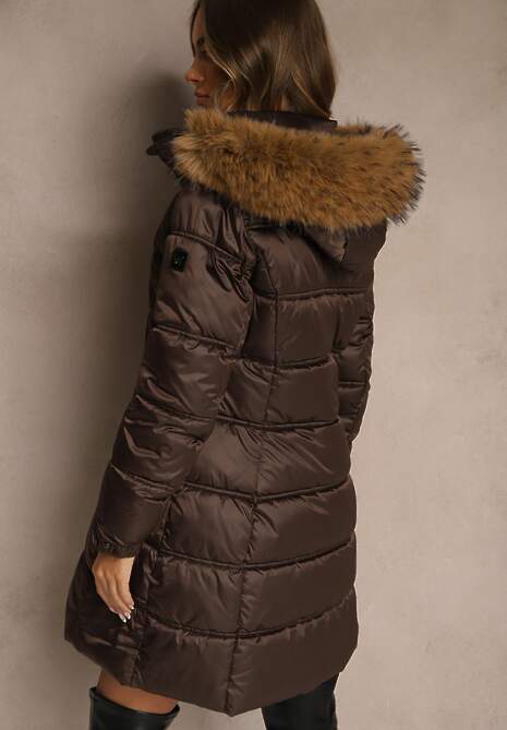 Ciemnobrązowa Pikowana Kurtka o Długim Fasonie z Odpinanym Kapturem z Futerkiem  Fenalda