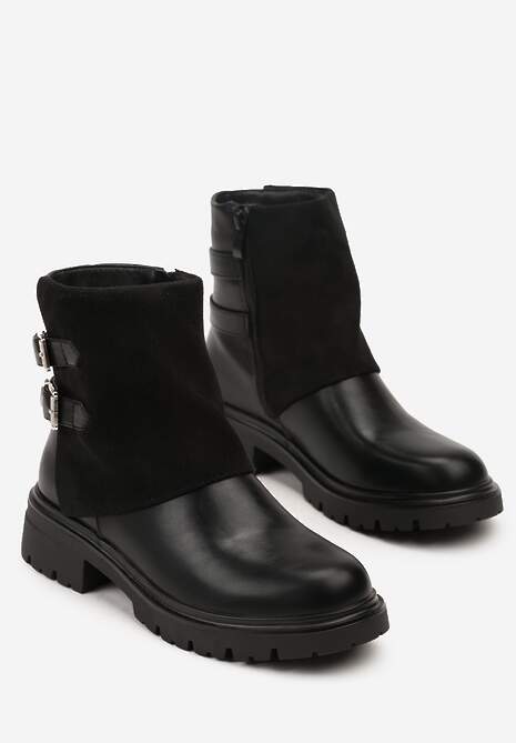 Czarne Botki Bikery z Wywiniętą Cholewką i Dwiema Klamrami Parotie