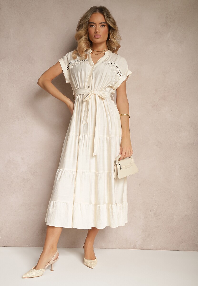 Beżowa Rozkloszowana Sukienka z Wiskozy z Wiązanym Paskiem Olissare