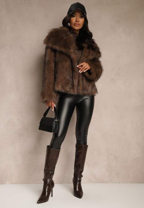 Brązowa Kurtka Futerko o Jednorzędowym Kroju z Szerokim Kołnierzem Dezile