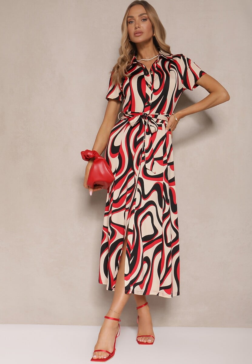 Czerwona Koszulowa Sukienka w Abstrakcyjny Print Wiązana w Talii Zivellea