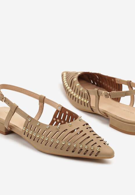 Ciemnobeżowe Sandały Vices w Stylu Mules z Nitami i Drobnymi Wycięciami Vevalora